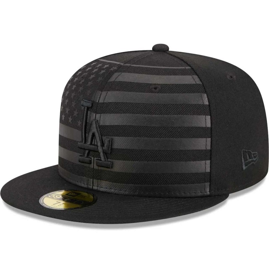 Los Angeles Dodgers Caps * | Men'S Los Angeles Dodgers New Era Black Tonal Flag 59Fifty Fitted Hat