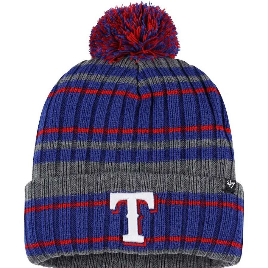 Texas Rangers Caps * | Men'S Texas Rangers '47 Gray/Royal Rexford Cuffed Knit Hat With Pom