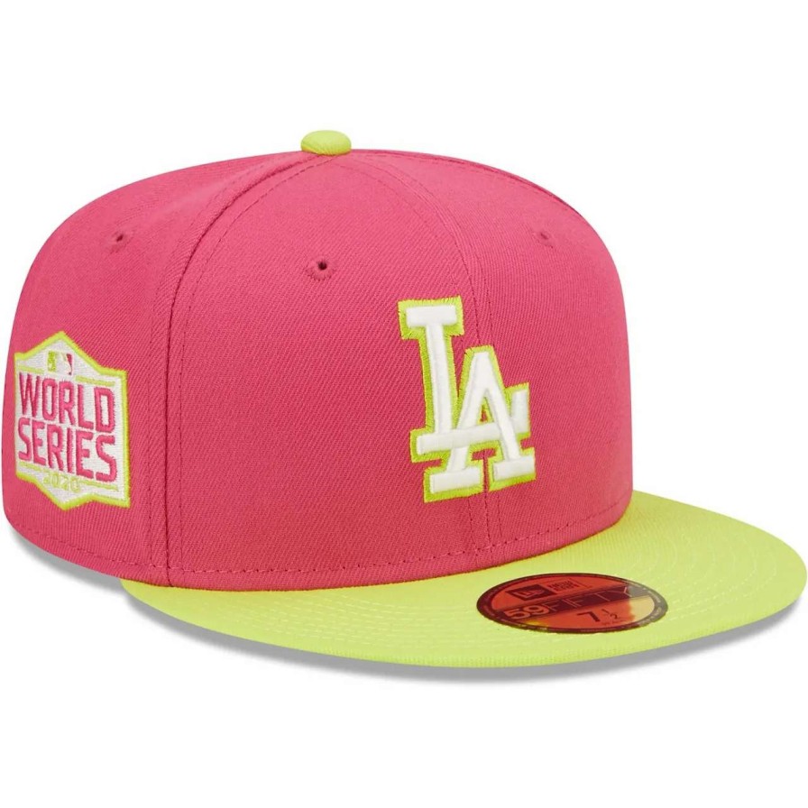 Los Angeles Dodgers Caps * | Men'S Los Angeles Dodgers New Era Pink 2020 World Series Champions Beetroot Cyber 59Fifty Fitted Hat