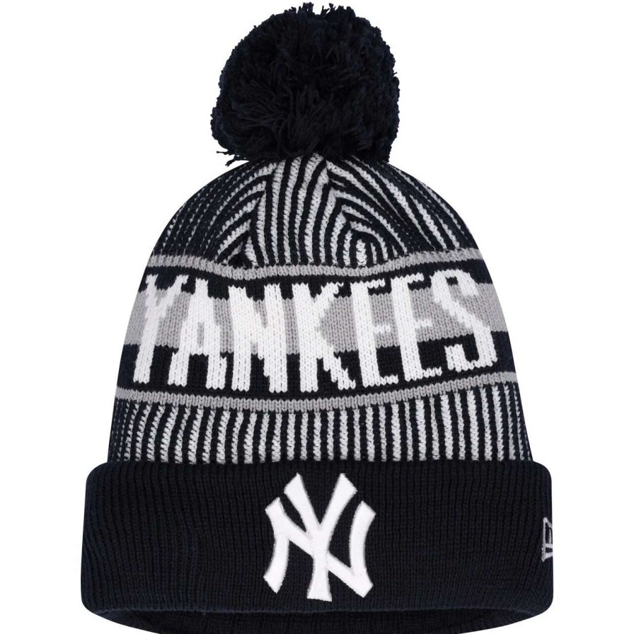 New York Yankees Caps * | Youth New York Yankees New Era Navy Striped Cuffed Knit Hat With Pom