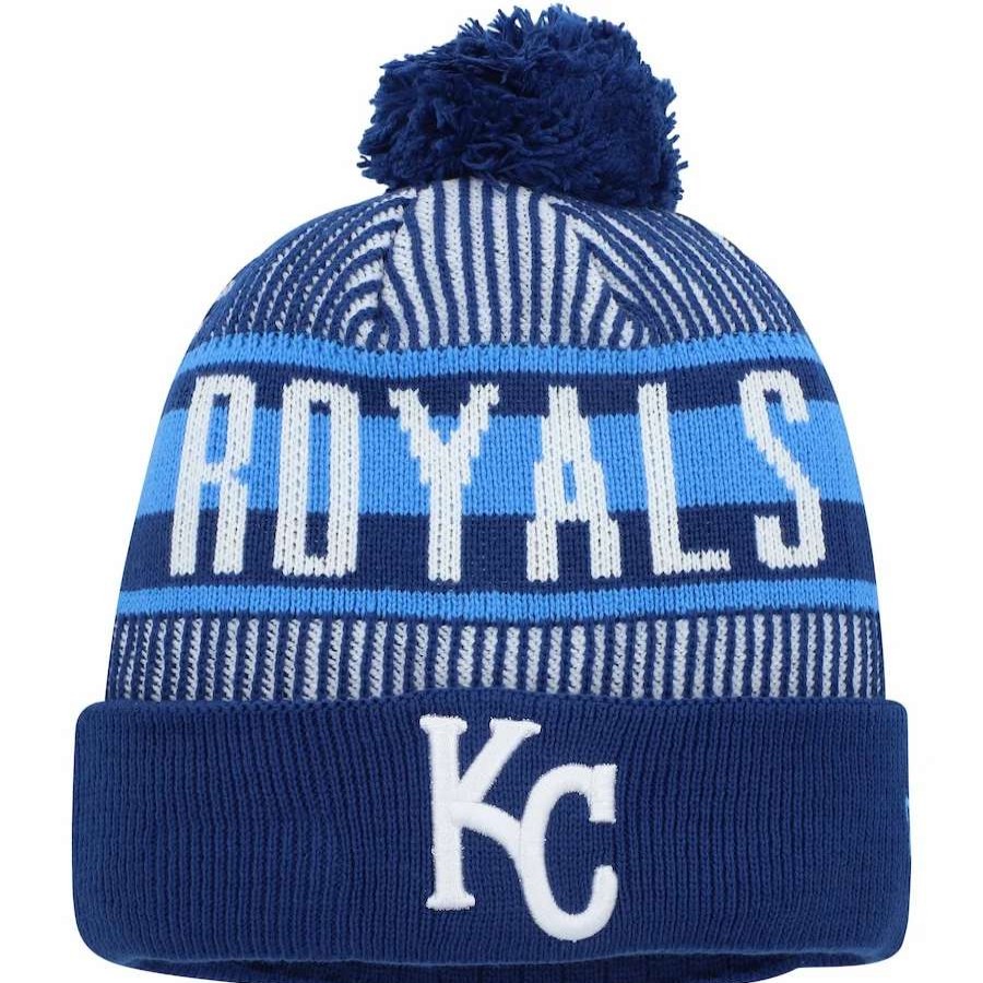 Kansas City Royals Caps * | Men'S Kansas City Royals New Era Royal Striped Cuffed Knit Hat With Pom