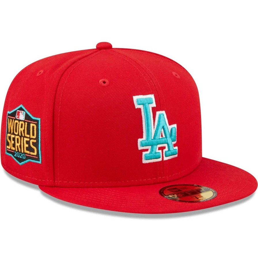 Los Angeles Dodgers Caps * | Men'S Los Angeles Dodgers New Era Scarlet 2020 World Series Teal Undervisor 59Fifty Fitted Hat