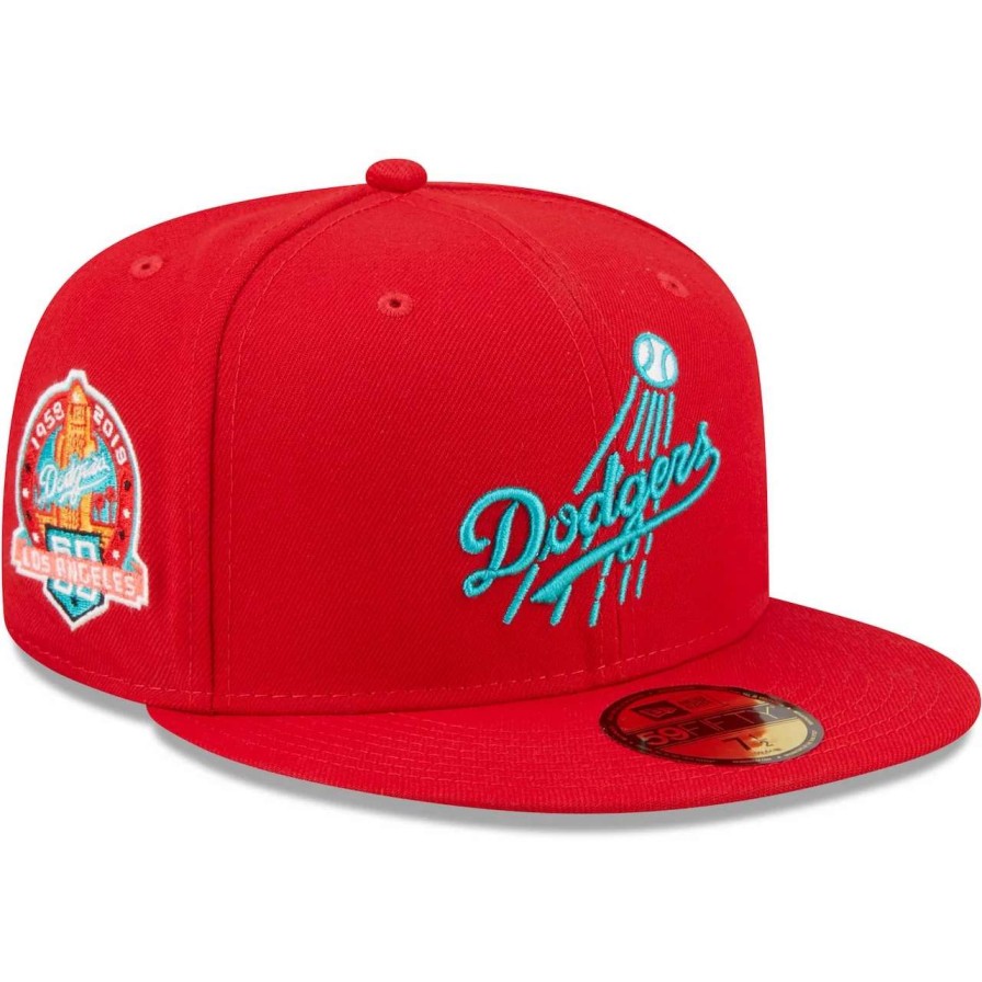 Los Angeles Dodgers Caps * | Men'S Los Angeles Dodgers New Era Scarlet 60Th Anniversary Teal Undervisor 59Fifty Fitted Hat