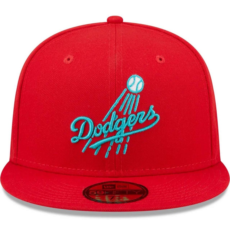 Los Angeles Dodgers Caps * | Men'S Los Angeles Dodgers New Era Scarlet 60Th Anniversary Teal Undervisor 59Fifty Fitted Hat