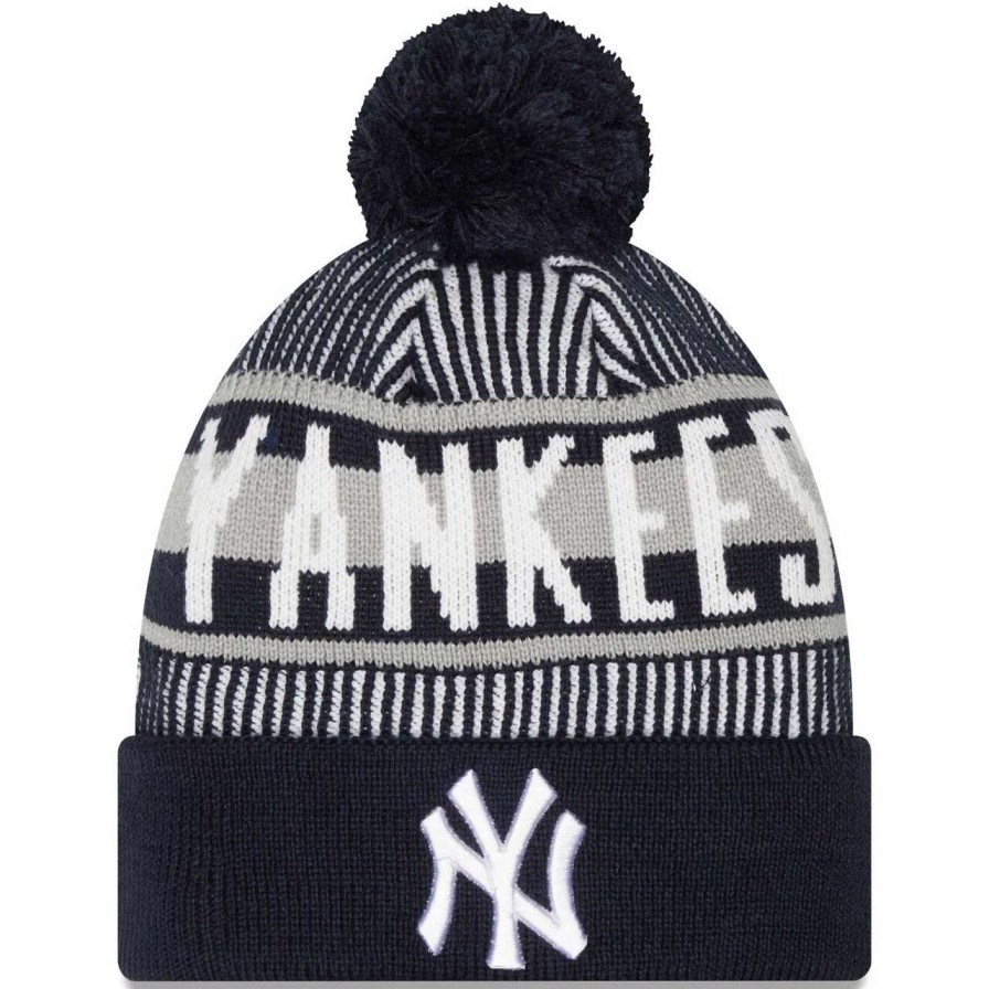 New York Yankees Caps * | Men'S New York Yankees New Era Navy Striped Cuffed Knit Hat With Pom