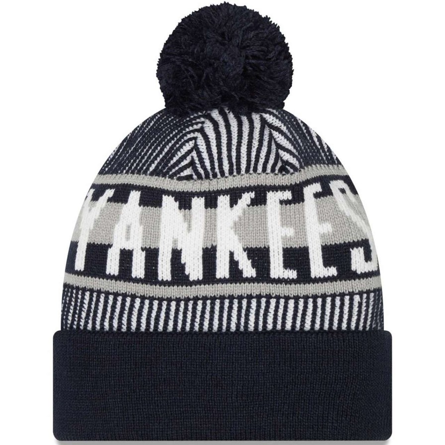 New York Yankees Caps * | Men'S New York Yankees New Era Navy Striped Cuffed Knit Hat With Pom