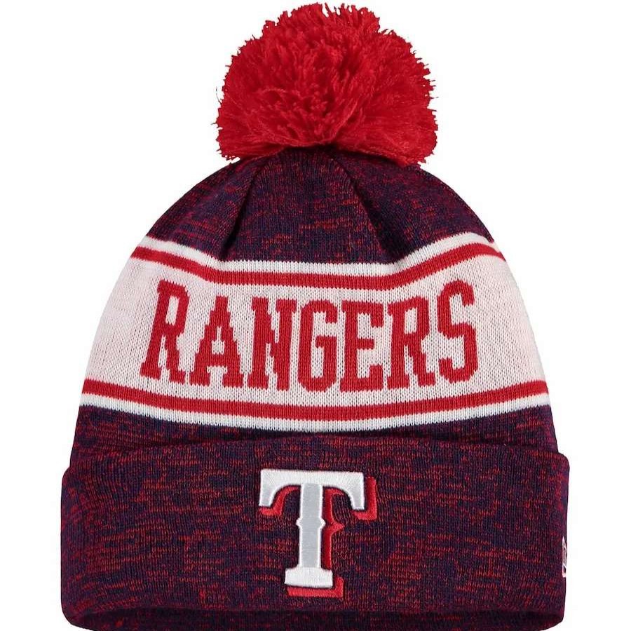 Texas Rangers Caps * | Men'S Texas Rangers New Era Royal/Red Banner Cuffed Knit Hat With Pom