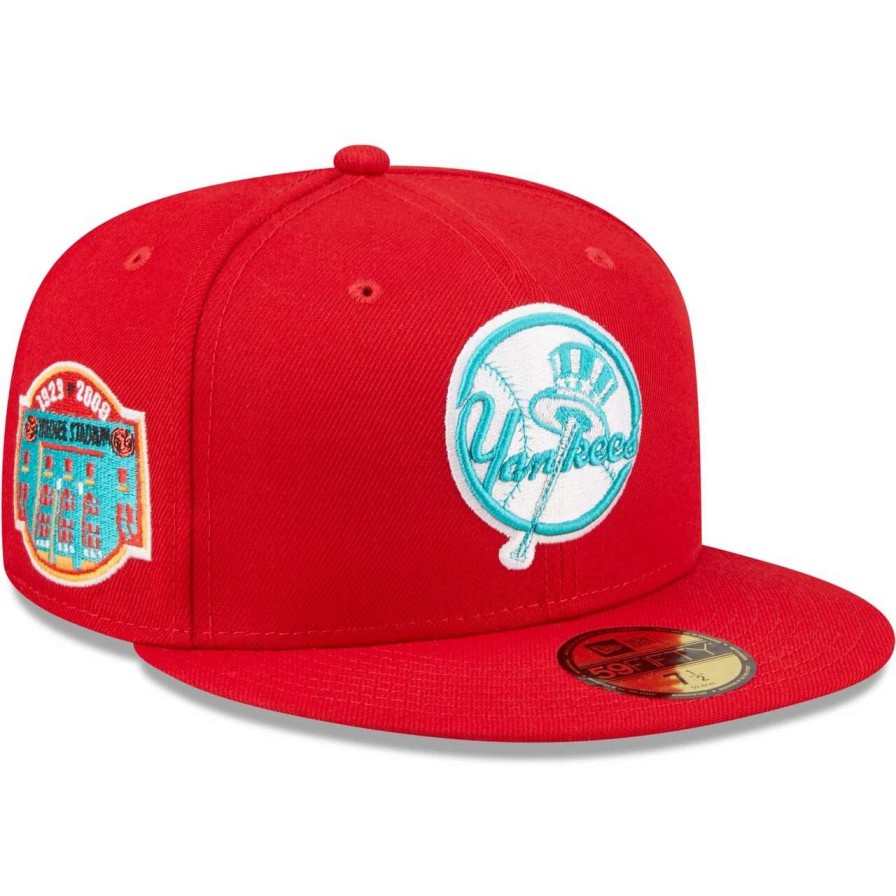 New York Yankees Caps * | Men'S New York Yankees New Era Scarlet Yankee Stadium Teal Undervisor 59Fifty Fitted Hat