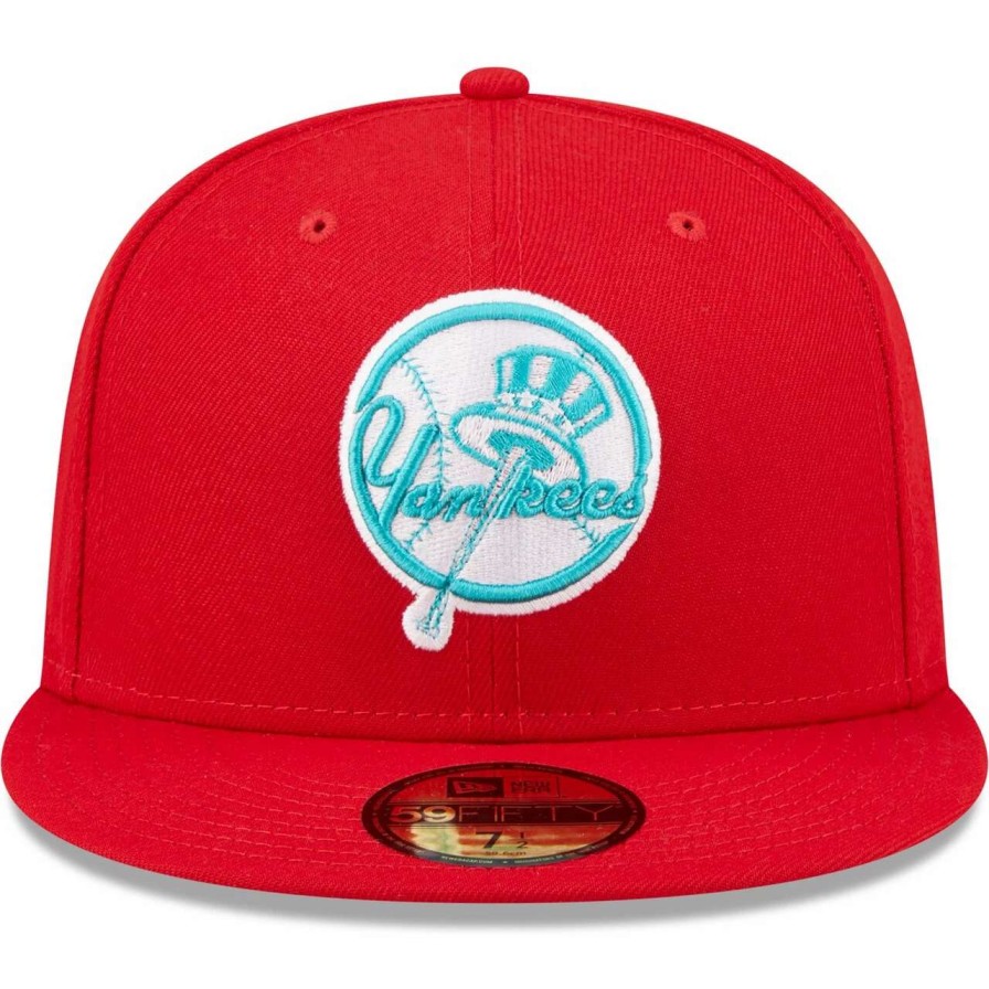 New York Yankees Caps * | Men'S New York Yankees New Era Scarlet Yankee Stadium Teal Undervisor 59Fifty Fitted Hat