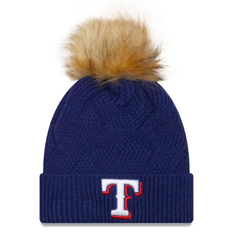 Texas Rangers Caps * | Women'S Texas Rangers New Era Royal Snowy Cuffed Knit Hat With Pom