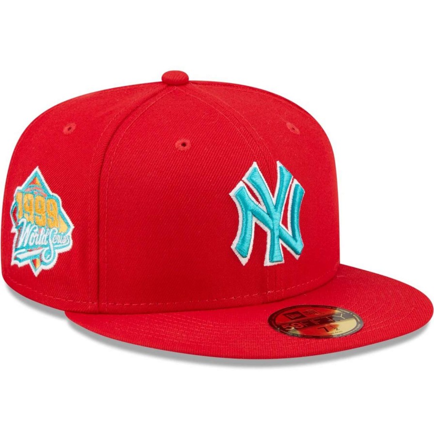 New York Yankees Caps * | Men'S New York Yankees New Era Scarlet 1999 World Series Teal Undervisor 59Fifty Fitted Hat