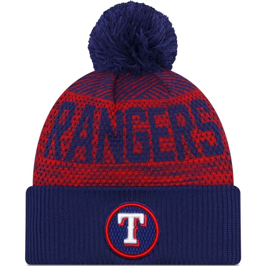 Texas Rangers Caps * | Men'S Texas Rangers New Era Royal Authentic Collection Sport Cuffed Knit Hat With Pom