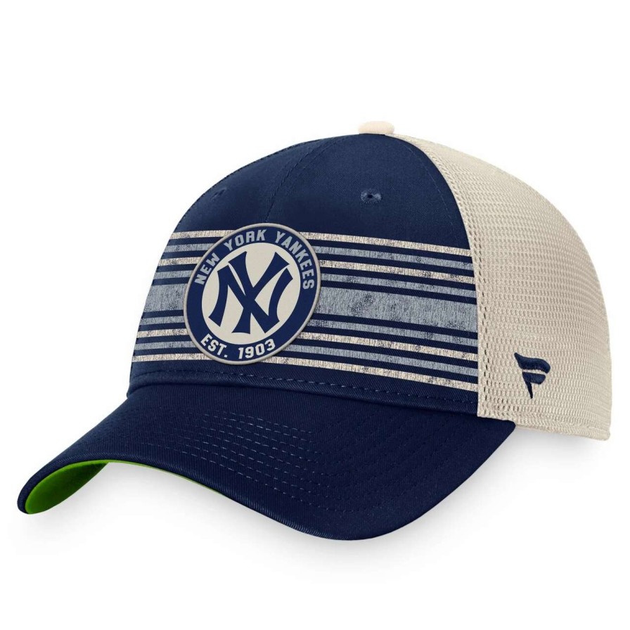 New York Yankees Caps * | Men'S New York Yankees Fanatics Branded Navy/Natural True Classic Retro Striped Trucker Snapback Hat