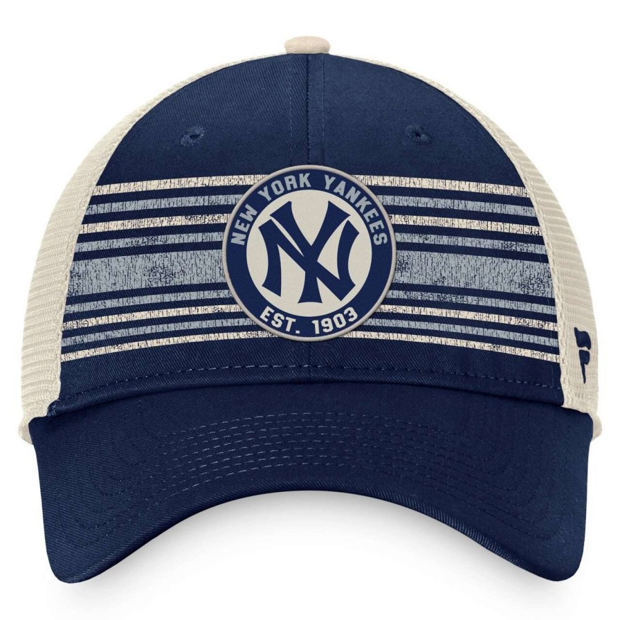 New York Yankees Caps * | Men'S New York Yankees Fanatics Branded Navy/Natural True Classic Retro Striped Trucker Snapback Hat