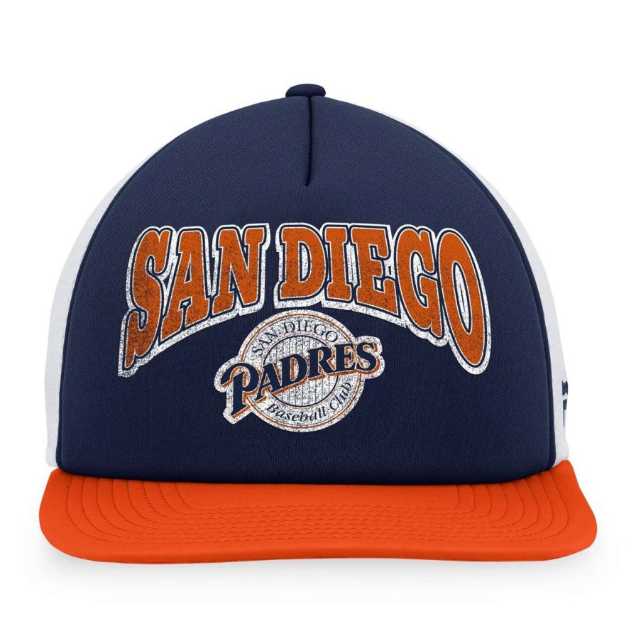 San Diego Padres Caps * | Men'S San Diego Padres Fanatics Branded Navy/Orange Heritage Foam Front Trucker Snapback Hat