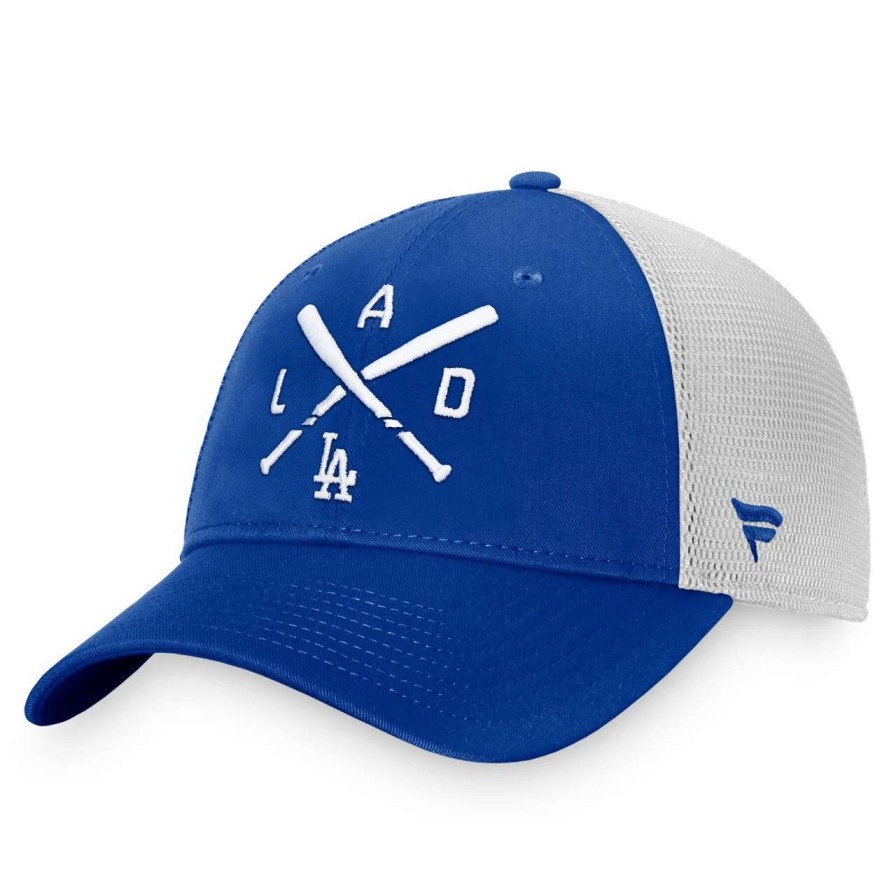 Los Angeles Dodgers Caps * | Men'S Los Angeles Dodgers Fanatics Branded Royal/White Iconic Cross Bat Trucker Snapback Hat