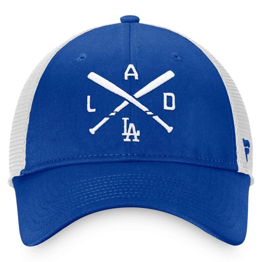 Los Angeles Dodgers Caps * | Men'S Los Angeles Dodgers Fanatics Branded Royal/White Iconic Cross Bat Trucker Snapback Hat