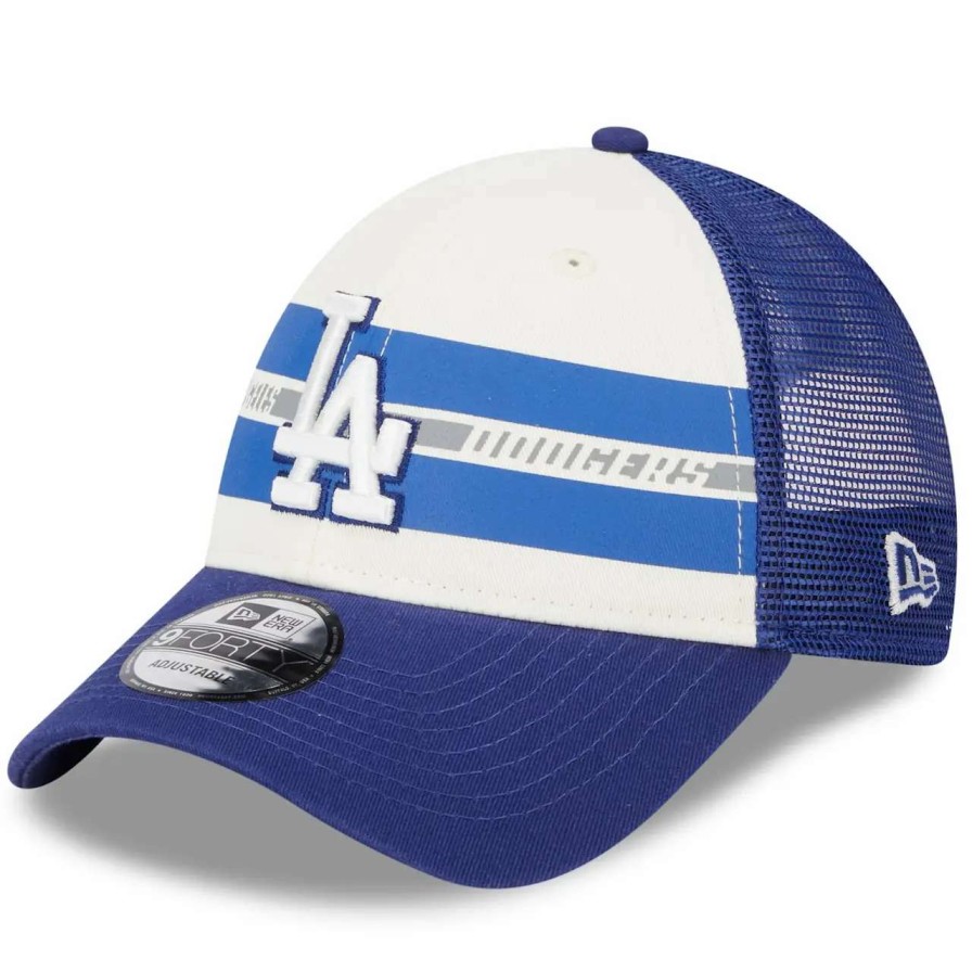 Los Angeles Dodgers Caps * | Men'S Los Angeles Dodgers New Era White/Royal Team Stripe Trucker 9Forty Snapback Hat