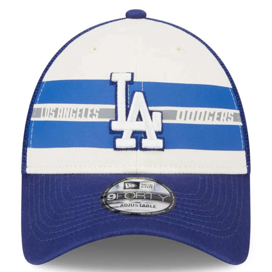 Los Angeles Dodgers Caps * | Men'S Los Angeles Dodgers New Era White/Royal Team Stripe Trucker 9Forty Snapback Hat