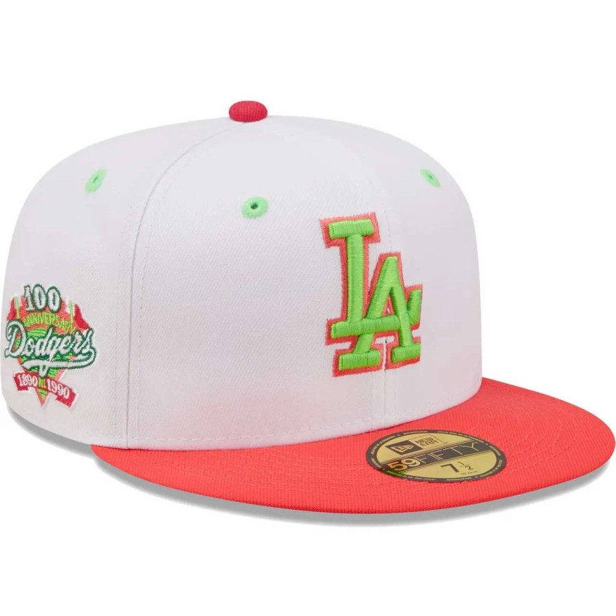 Los Angeles Dodgers Caps * | Men'S Los Angeles Dodgers New Era White/Coral 100Th Anniversary Strawberry Lolli 59Fifty Fitted Hat