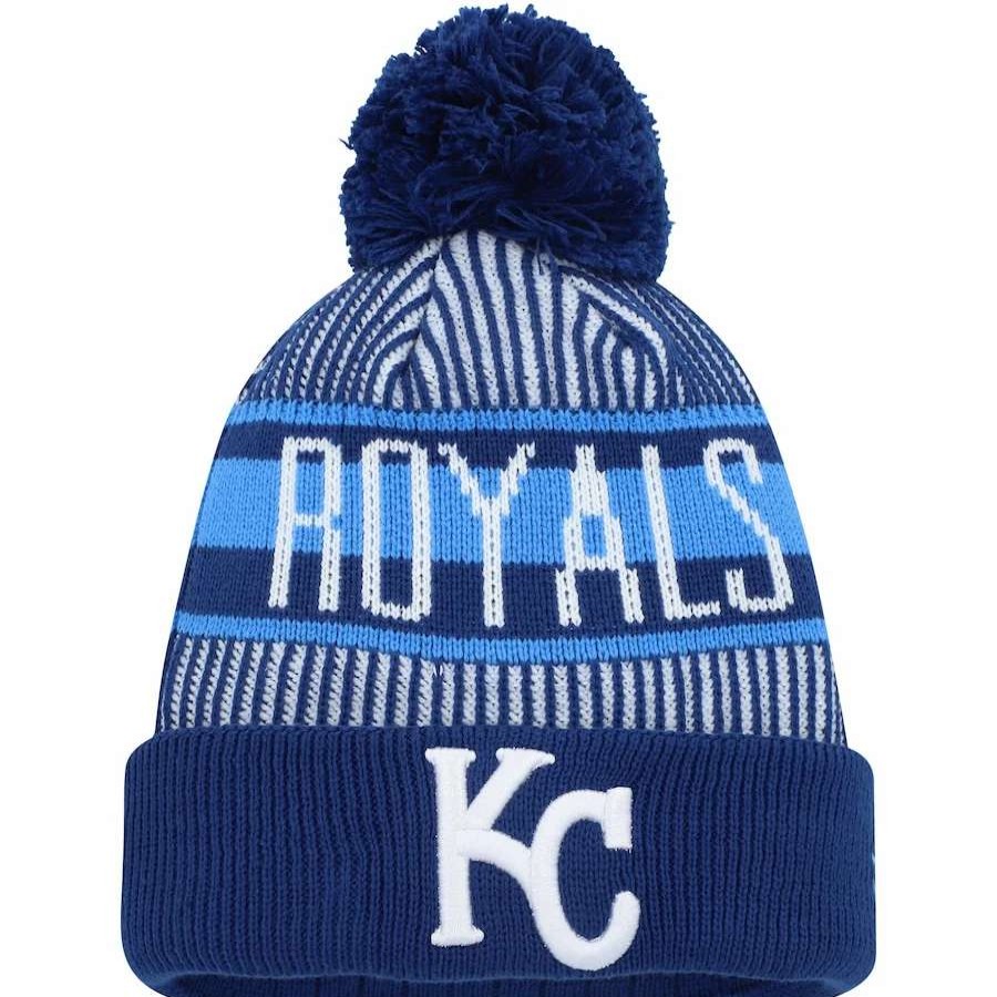 Kansas City Royals Caps * | Youth Kansas City Royals New Era Royal Striped Cuffed Knit Hat With Pom