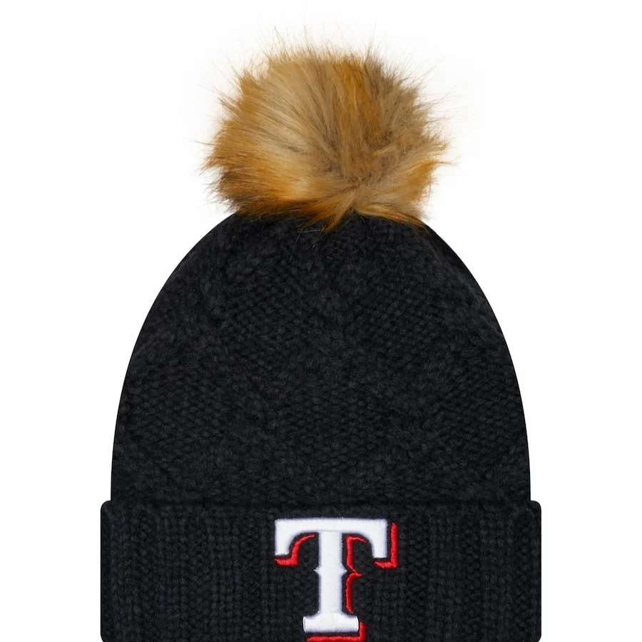 Texas Rangers Caps * | Women'S Texas Rangers New Era Navy Luxe Cuffed Knit Hat With Pom