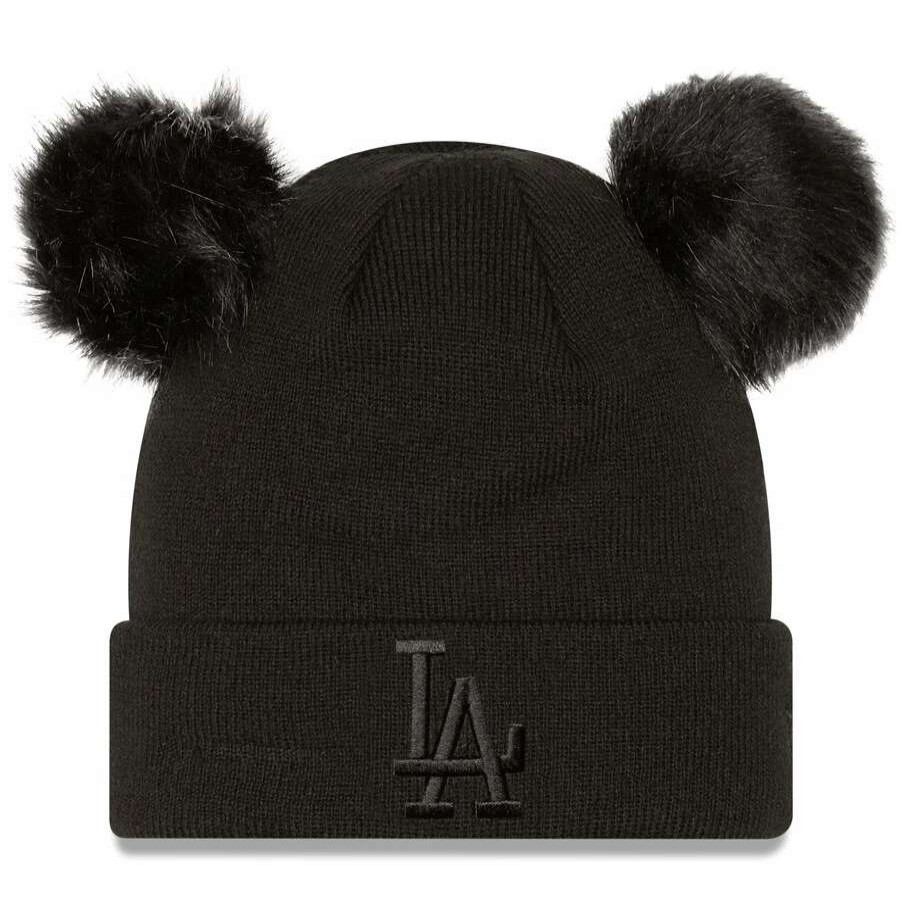 Los Angeles Dodgers Caps * | Women'S Los Angeles Dodgers New Era Black Space Bun Cuffed Knit Hat With Double Pom