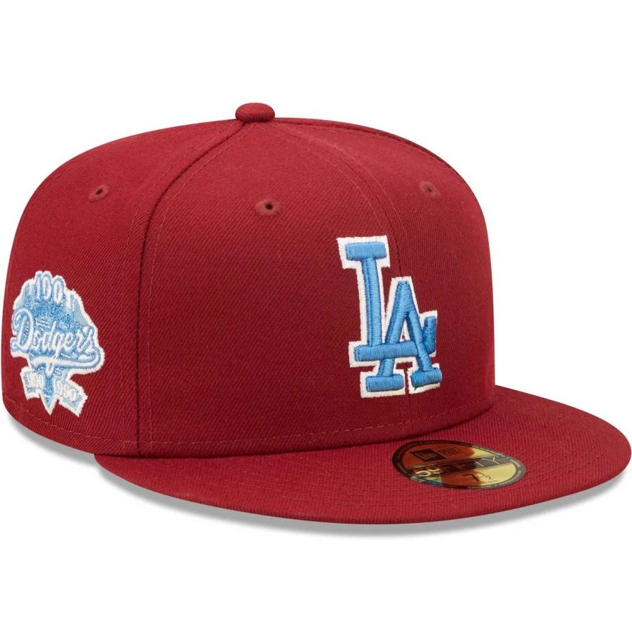 Los Angeles Dodgers Caps * | Men'S Los Angeles Dodgers New Era Cardinal 100Th Anniversary Air Force Blue Undervisor 59Fifty Fitted Hat